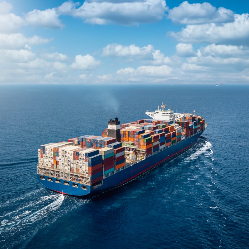 Ein Containerschiff fährt auf dem offenen Meer.