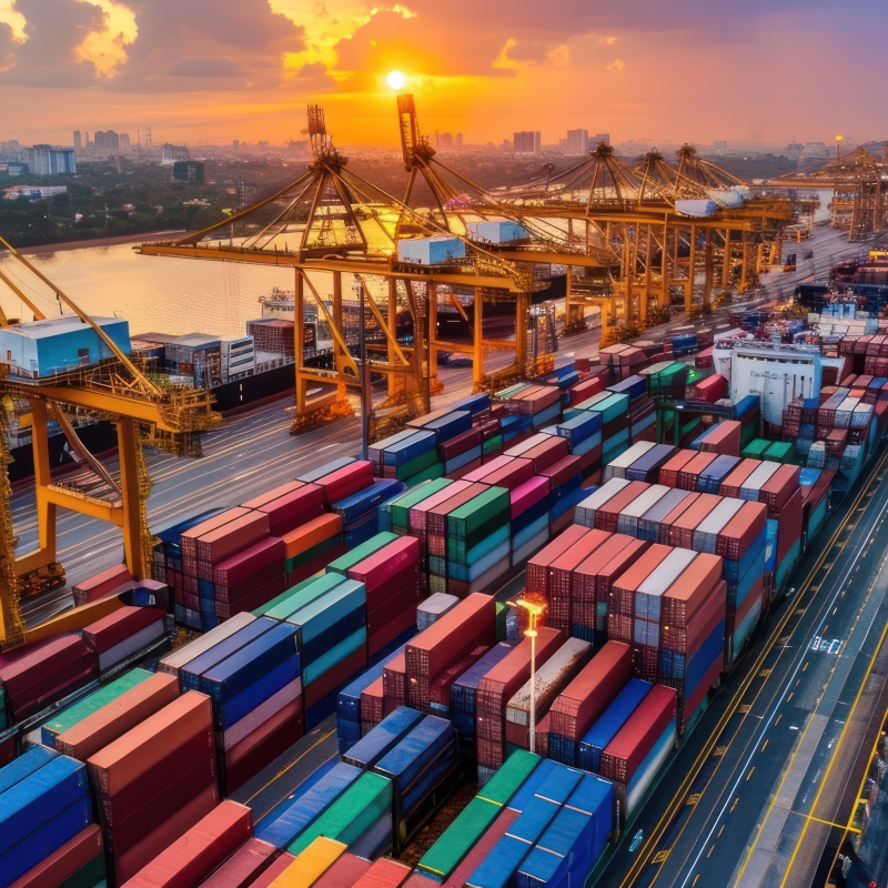 Hafen mit Containern und Kränen bei Sonnenuntergang.