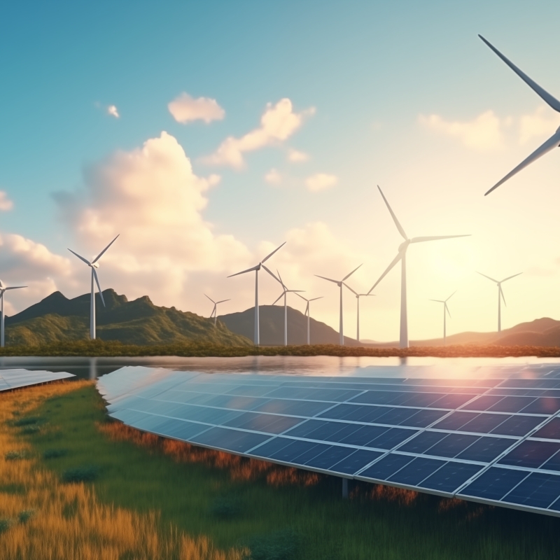 Eine Landschaft mit Solaranlagen im Vordergrund und Windkraftanlagen im Hintergrund, beleuchtet von der Sonne.