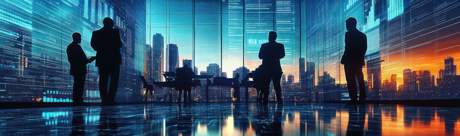 Silhouetten von Menschen in einem modernen Büro mit Blick auf eine digitale Stadtlandschaft.